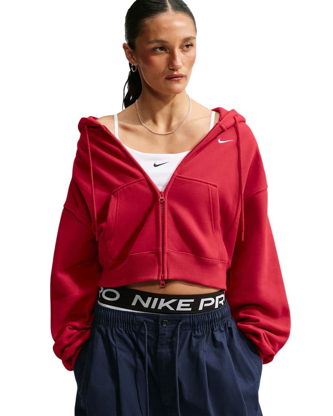 Nike Women's Studio Fleece Medium Weight Oversized Full-Zip Cropped Hooded Jacket - Red - RED